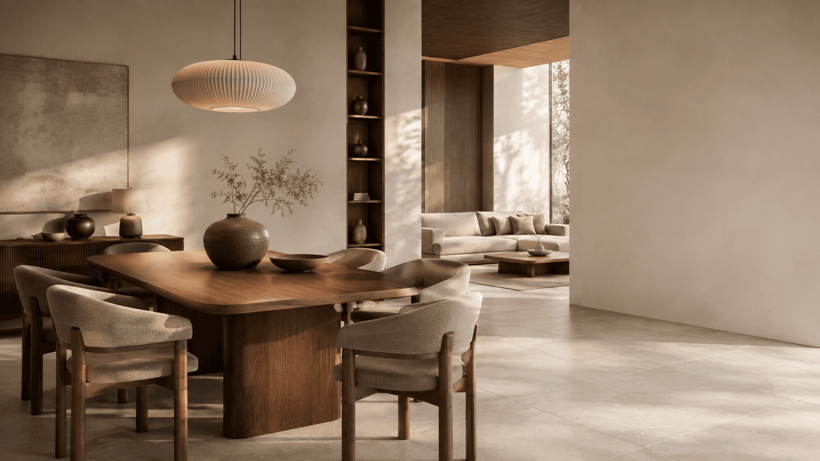 Walnut oval dining table and upholstered chairs opening onto a living room with a cream sofa