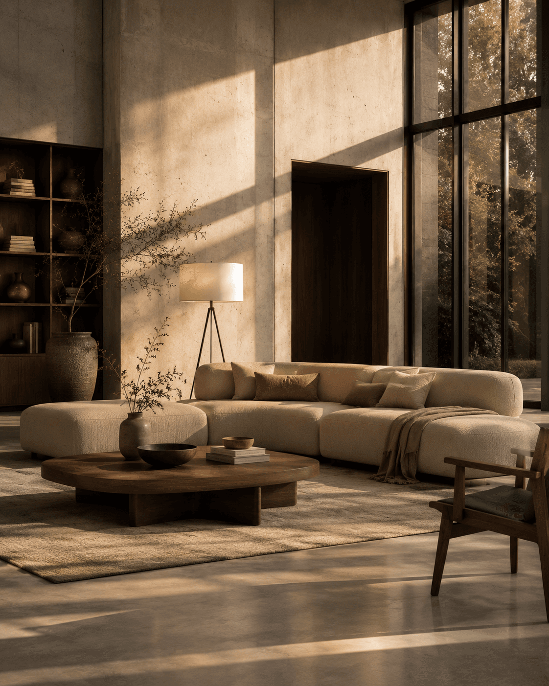 Modular cream sofa and organic walnut coffee table in golden-hour light against concrete walls